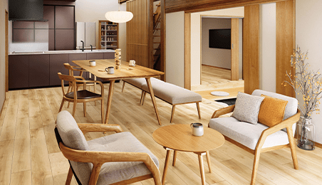 親戚や友人が集う団らんスペースを設けたダイニング